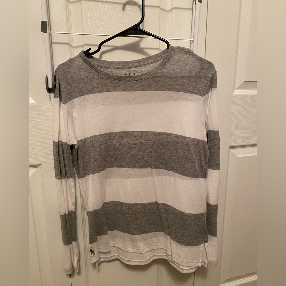 Grey and white striped long sleeve Polo Ralph Lauren thin layer top size small